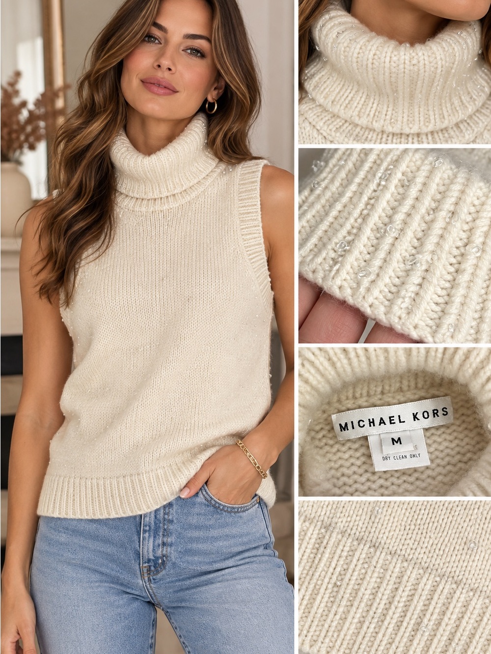 Michael Kors Collection Crystal Embellished Cashmere Turtleneck Sweater Vest M